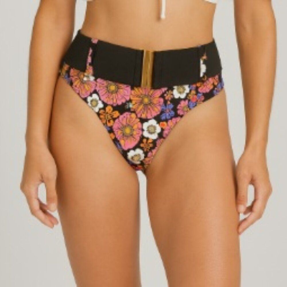 Unique Vintage Black and Purple Floral Belted Swim Bikini Bottom M